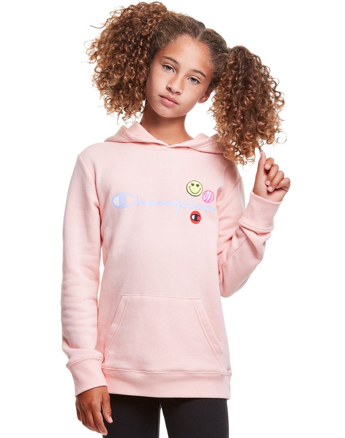 Champion Girls Hoodie NZ - Fleece Smiley Face Coral ( 9842-GRYPF )